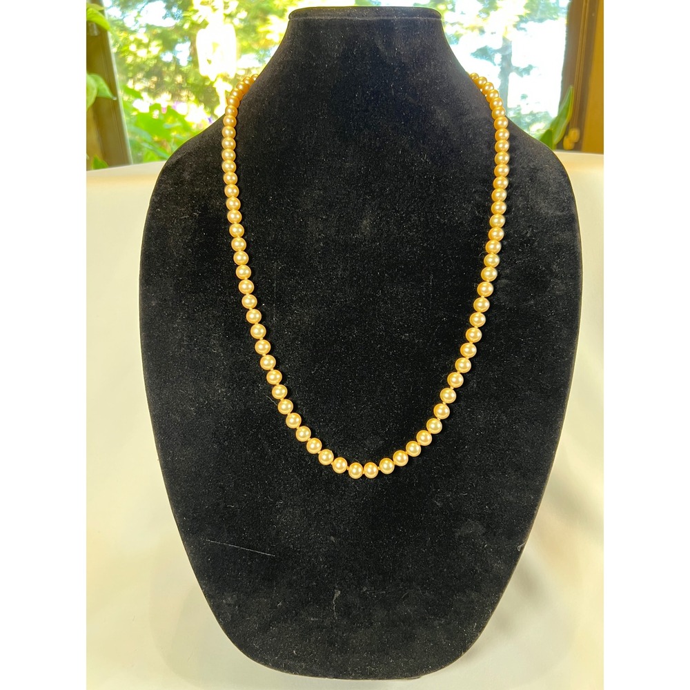 Vintage Marvella Faux Pearl Necklace Hand Knotted Cream Gold Tone Clasp 28 Inch